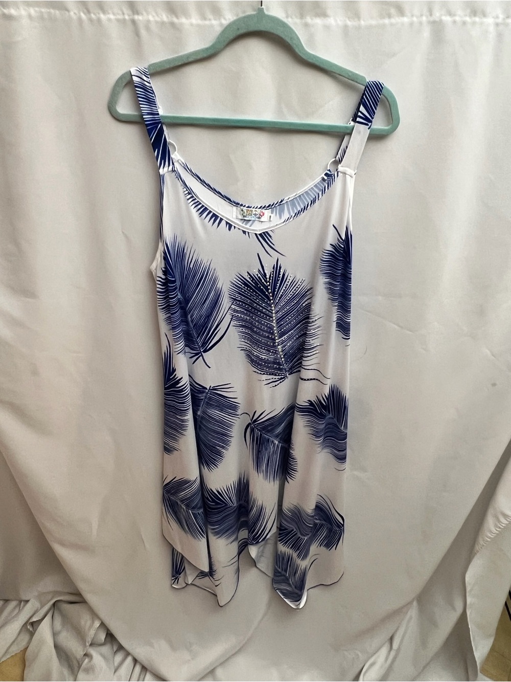 Indie Boutique White Blue Palm Leaf Rhinestone Tank Dress One Size